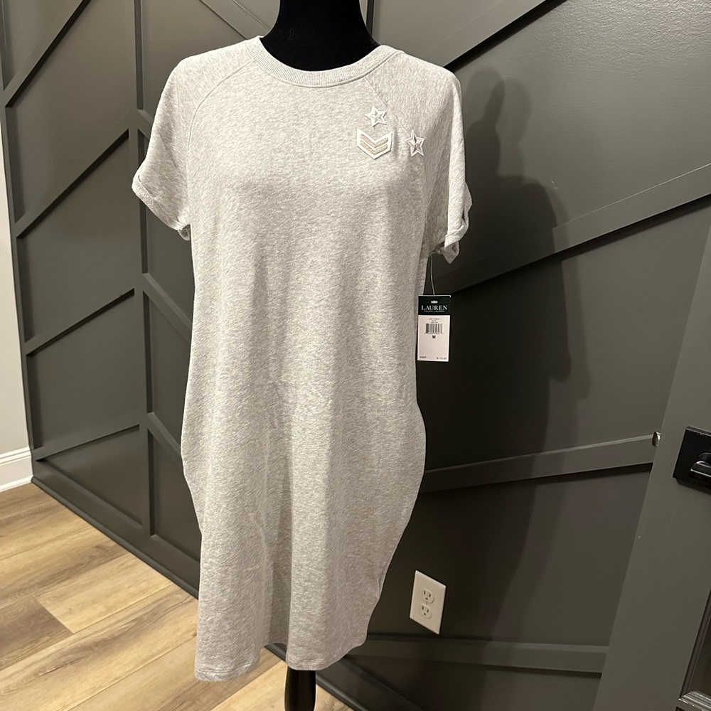 LRL Ralph Lauren women's M military knit patch thick stretchy cotton shirt dress